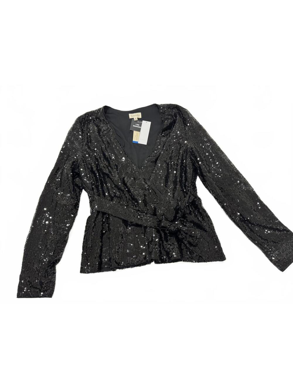 NWT 52Seven Black Sequin Wrap Blouse XL Party Sparkle Goth Night Out Top